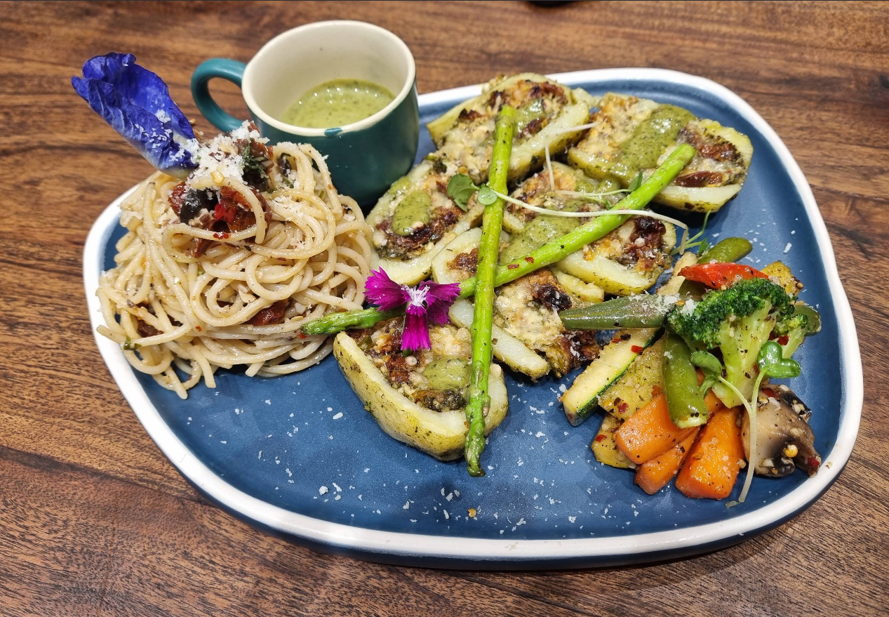 Stuffed potato skins & pesto pasta